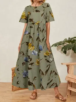 Vintage Floral Print Summer Dress For Women Е Plue Size Губим Casual Dress Female О-Образно Деколте С Къс Ръкав Beach Boho Long Vestidos