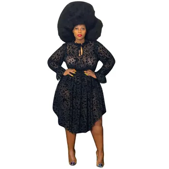 2021 New Black Flocking Party Dress Plus Size Women Charming Long Sleeves Party Dresses Real Picture L--4XL Чисто Секси Облекло