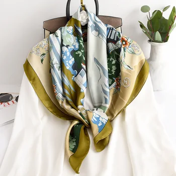 Луксозни 90Х90 см пролет и есен, жените печат копринени шалове туризъм Цвете Квадратен шал Мода приморски слънцезащитен крем за качество шал