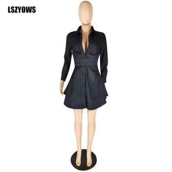 Vintage Denim Shirt Dress 2021 Women Long Sleeve Button Up Секси Дънки Dress High Waist Mini Bow Tie Party Dresses-Black Vestidos