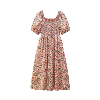 Жена свободното шифоновое midi-рокля, реколта, цветя модел, къдри, буйни ръкави, елегантна, квадратен яка, лято, 2021