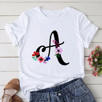 Vogue 26 alphabet letter women T-shirt Girl A To Z Alphabet combination flowers Short Sleeve casual Style Korean Върховете Tshirt