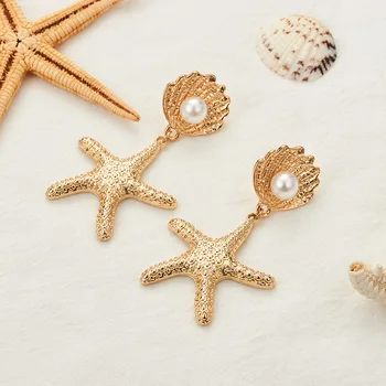 Jouval Boho Ocean Gold Big Starfish Shell Drop Виси Обеци За Жени Дама Мода Перлени Обеци Плаж Бижута Дамски Brincos