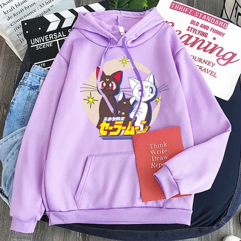 Момиче карикатура луната котка печат hoody свободна дълга hoody лилав пуловер Японски ins тенденция ежедневни двойка спортна риза тенденция облекло