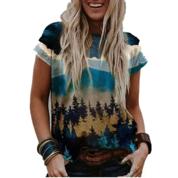 Нов 2021 Лято Жените С Къс Ръкав Тениска Мода Картина Масло Пейзаж Печат Чай Върховете Дами Случайни О - Образно Деколте И Свободни Градинска Облекло