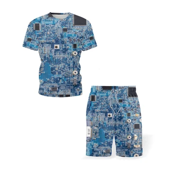 Мъжки комплекти лято 2021 кръгъл отвор тениска електронен чип спортни дрехи Мода личност тенденция костюм с къси ръкави и шорти