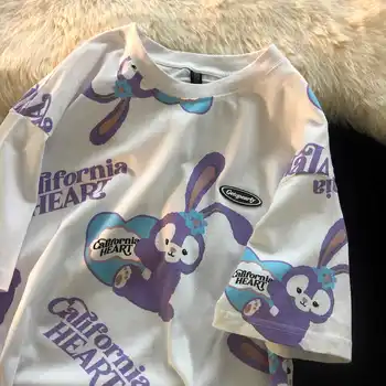 Женска тениска Summer Ins Style Cartoon Rabbit Print Сладък Фея Short Sleeve Студентски O Neck Губим Top Harajuku Tee Върховете Female