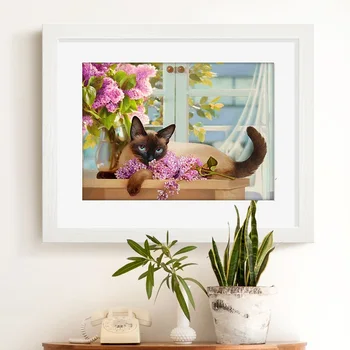 Huacan 5d САМ Diamond Живопис Full Square/Round Window Cat Diamond Embroidery Kit Mosaic Lilac Flower Animal Pictures Beaded