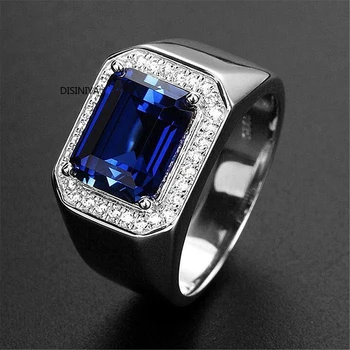 Голям син камък циркон сребърен цвят пръстени за мъже Блестящи AAA CZ Party jewelry мъжете Годишнина бижута размер на пръстен 7-11 bague homme
