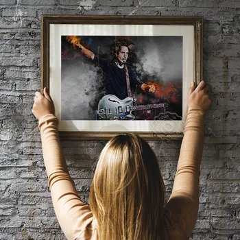 Chris Cornell Lengthways Poster, American Seattle Singer Portrait Art Prints, Vintage Art Guitarist Colored Drawing Home Decor
