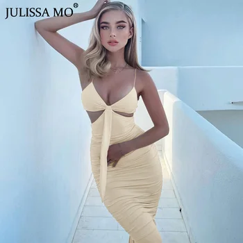JULISSA MO New Spaghetti Hollow Strap Out Slim Dresses for Women Fashion Sleeveless Skinny Dress Дамски Секси вечерна облекло Vestidos