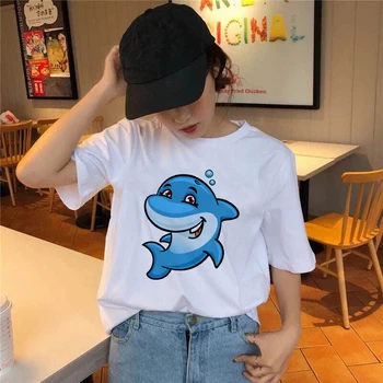 Сладко Cartoon whales print ladies t-shirt casual смешни t-shirt summer ladies short-sleeved Harajuku graphic t-shirt
