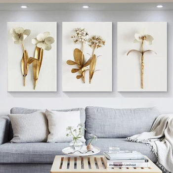 Nordic Golden Plant Leaves and Flowers Oil on Canvas Живопис Quadro Плакати и щампи Cuadro Wall Art Pictures Home Decoration