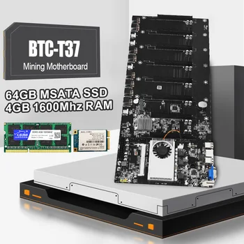 БТК-T37 Riserless Mining дънна Платка в КОМПЛЕКТ С ПРОЦЕСОР С 8 GPU Bitcoin Crypto Etherum Mining С MSATA 64GB SSD 4GB DDR3 RAM Pcie 16X