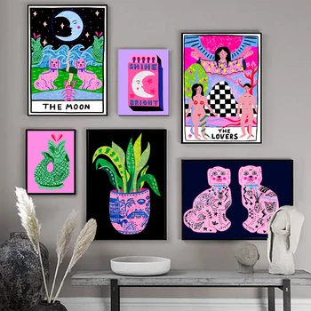 Nordic abstract tarot карти влюбените wall art picture платно живопис watercolor moon plant poster prints living room home decorati