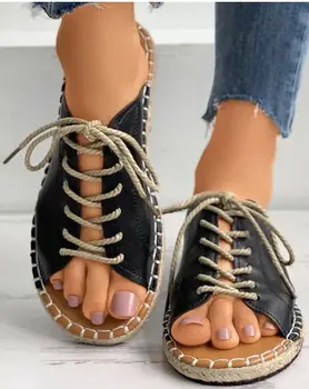 2021 yaz yeni kadın kuşgözü dantel-up dokuma keten düz sandalet sibel ve adnan moda düşük topuklu sandalet