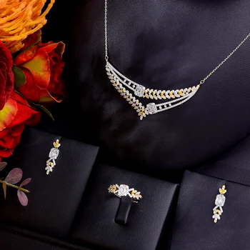 GODKI Flower Charm 3ШТ Пръстен, Огърлица, Обеци, Определени За Жени, за Сватба парти Кубичен Циркон CZ Dubai Bridal Jewelry bijoux femme enseños