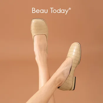 BeauToday Flats Women Cow Leather Loafers Stone Pattern Square Toe Slip on Shallow Лаконичная дамски обувки ръчна изработка 18052