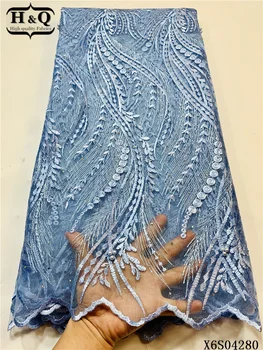 H&Q бродерия африканска лейси плат с мъниста и камъни 2021 нигерийская мрежест тюл модерен френски мрежести тъкани 5 ярда за шиене