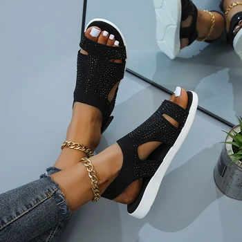 Дамски кристални сандали Дишащ Комфорт Пазаруване Дамски обувки за ходене Плоски Летни сандали на платформа Mujer Плюс-размер 43