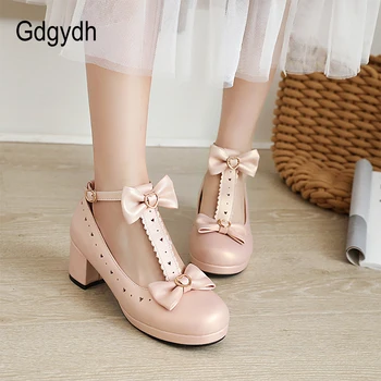 Gdgydh Сърце Strap Princess Dress Up Shoes For Girls Shoes For Women Pumps Mid Heels Pink T-strap Платформа Heel Готически Lolita