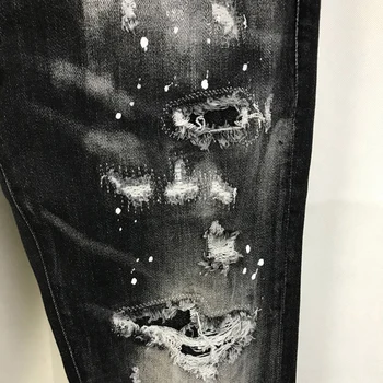 Американският Стил На Улицата Мода Мъжки Дънки Високо Качество На Черен Цвят Разрушени Скъсани Дънки Мъжете Рисувани Дизайнерски Хип-Хоп, Пънк Панталони
