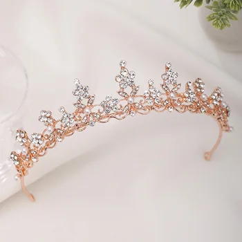 Ръчно изработени Принцеса Искрящи Кристали Crystal Crown Rose Gold Цвят на Булката Диадеми Сватба Сватбени Диадеми Главоболие Украса VL