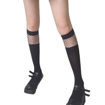 Жените Готическия Черен Коляното Чорапи Окото Ажурная Лоскутная Лолита Kawai Отглеждане 649D