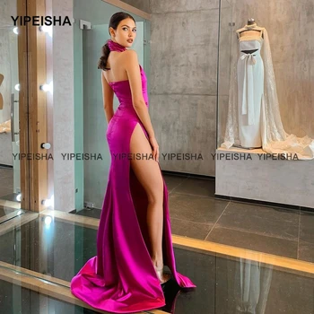 Yipeisha Секси Halter Fuchsia Prom Dresses High Цепка Evening Dress Vestido de Феста Long Mermaid Party Dress Customized 2021 New