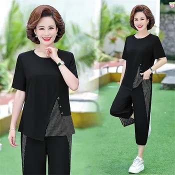 2021 New Summer Middle Aged Women Fashion Solid Tracksuit Slim Mother Two Piece Short Sleeve Suite Plus Size 4XL Pants Set