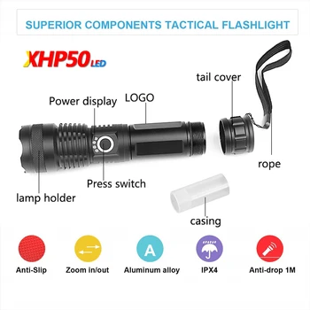 Супер Мощен XHP70 Led Фенерче LED Факел, USB XHP50 Zoom Тактически Фенер 18650 26650 Акумулаторна Батерия, Къмпинг, Риболов