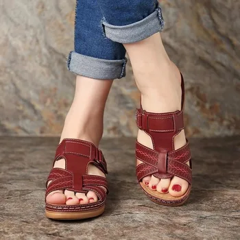 Обувки Дамски летни сандали за жени Обувките са Удобни меки дамски сандали Ретро Клин Обувки на нисък ток, Дебели по-ниски дамски сандали