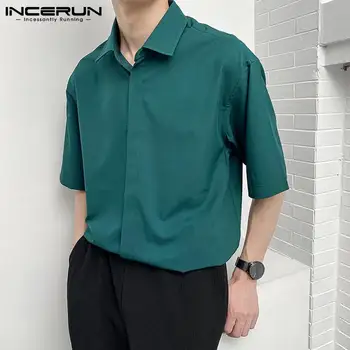 2021 Годишен Мъж Корейски Стил Бутона Ризата INCERUN Мъжете Свободно време Плътен Цвят Ризи Половината от Ръкавите на Ревера Яка Ежедневна Блуза 5XL 7