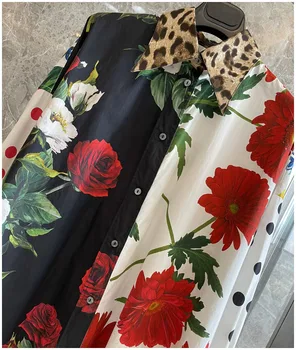 Висококачествена Сицилия мода Писта Женска Риза Памук Мозайка Ретро Цветен принт Свободни дълги Ръкави-Големи Извънгабаритни Върховете