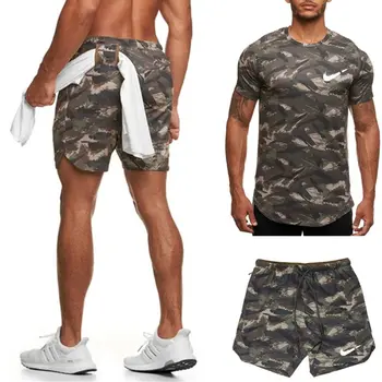 Лятна мода ежедневни мъжки окото дишаща спортен костюм спортен костюм с къс ръкав тениска + плажни панталони мъжка спортна риза 2 бр.