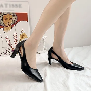 2021 Дамски обувки с остър чучур Чиста Прежди Однотонная Елегантна изкуствена кожа Дамски обувки На открито Секси модни дамски обувки, дишаща
