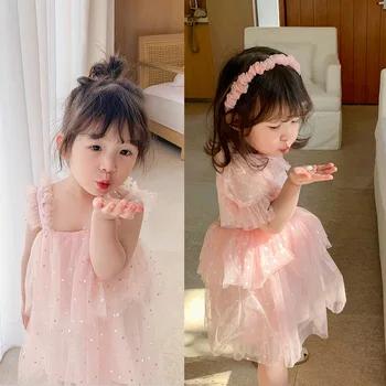 Момичета С къси ръкави и Прашка Double Лъскава Mesh Princess Dresses 2021 Summer Girl Dress Toddler Bling Bling Kids Princess Dress