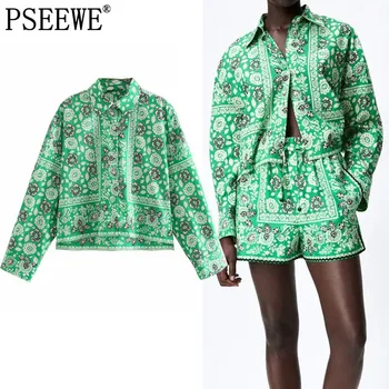 PSEEWE Za Women Shirt Green Button Up Тениски Woman Long Sleeve Summer Crop Top Женски принт Ретро Градинска Ежедневна блуза