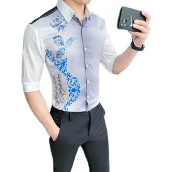 Camisa Masculina Korean Casual Slim Fit Мъже Облекло Тениски Официална Социална блуза 2021 Градиент риза Мъжете С Къс Ръкав Цветни ризи