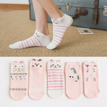 5 двойки=10 броя Карикатура дамски чорапи памук невидими чорапи Сладък животни Стерео ухото момиче глезените чорапи harajuku чорапи дишащи
