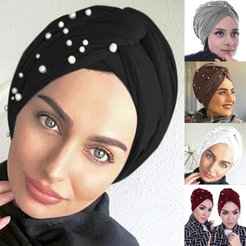 2021 Пролет Есен Дамски Шал Елегантни Дами Шапка Шапка Мюсюлманските Жени Тюрбан Вътрешен Hijabs Мода Мъниста Декориране На Шапка Е Един Размер