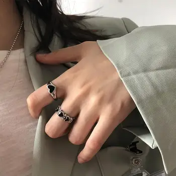 Black Love Heart Glitter Ring Japanese Simple For Women Ring Love Valentine ' s Glitter Fashion Gift Бижута Сърце Day Party N0P0