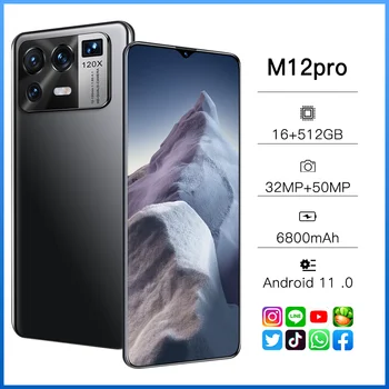 Една нова Глобална версия на Смартфона M12Pro мобилни телефони 32MP+50MP RAM 16 ROM 512GB 6800 mAh Отключени Android Телефон