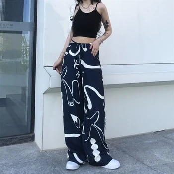 QWEEK Реколта Аниме Печат на Дамски Панталони на 90-те години Корейската Мода Градинска Облекло Са Широки Сини Широки панталони За Жени Cyber Y2K