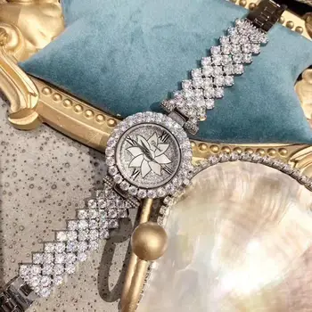 HerHome Fashion Women Full Crystals Jewelry Watches Luxury Кристал Bracelet Watch Водоустойчив кварцов Римски Ръчен часовник Lotus