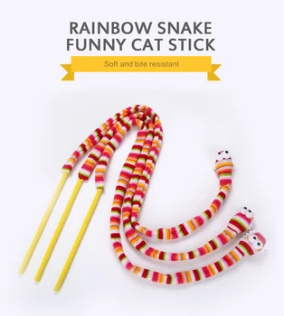 1PC Пет Interactive Toy Rainbow Snake Shape Забавни Kitten Stick Head with Ring Box Плюшен Възглавница Plastic Rolling Ball Самостоятелно Hi Toy