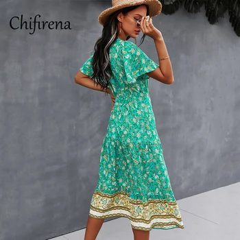 Chifirena Summer Dress 2021 Цветен принт Женствена рокля С къс Ръкав V Образно Деколте Плаж Boho Секси рокли за жени Party сарафан хавлия
