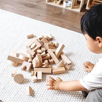 55шт Заключване Дървен Блок Хижа Бук Детски Скандинавските Дървени Играчки Детски Геометрични Блокове Творчески Образователни Играчки за Деца