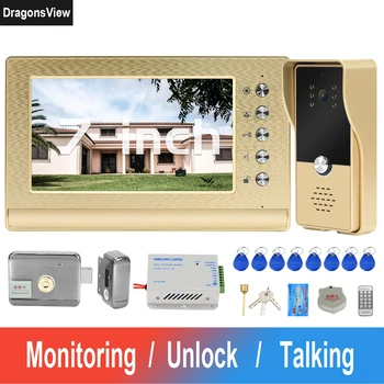 Кабелен видео домофон с Ключалка Врата с Домофонна система И 7 Инчов видео домофон Монитор Звънец RFID Електронно Заключване Система за Контрол на Достъп