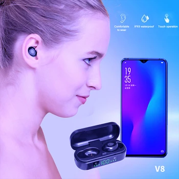 V8 TWS Безжични Слушалки Bluetooth 5.0 9D Бас Стерео Водоустойчиви Слушалки Хендсфри Слушалки С Микрофон за Зареждане
